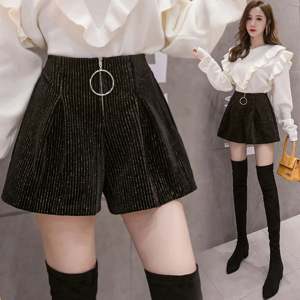 

Осенне-зимние яркие бархатные Мини-шорты для женщин с высокой талией и широкими штанинами короткие брюки женские офисные рабочие шорты на молнии спереди
