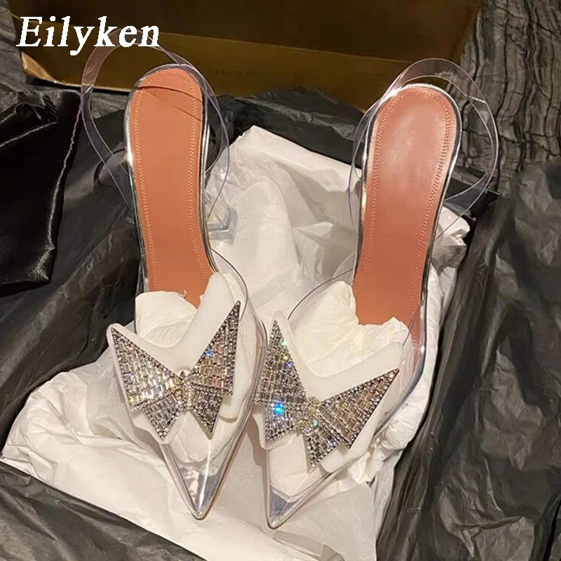 

Eilyken 2022 New Silver PVC Transparent Butterfly-knot Pumps Sandals Perspex Heel Pointed Toe Crystal Silver Wedding Pumps