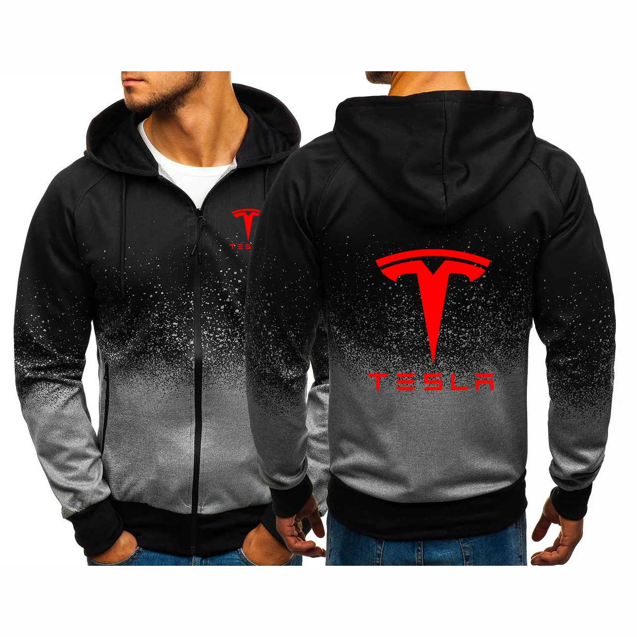 

2023 Spring Autumn Tesla Logo Print Comfortable Casual Gradient Color Hoodies Men's Hooded Fashion Sweatshirts Trendy Zip Jacket