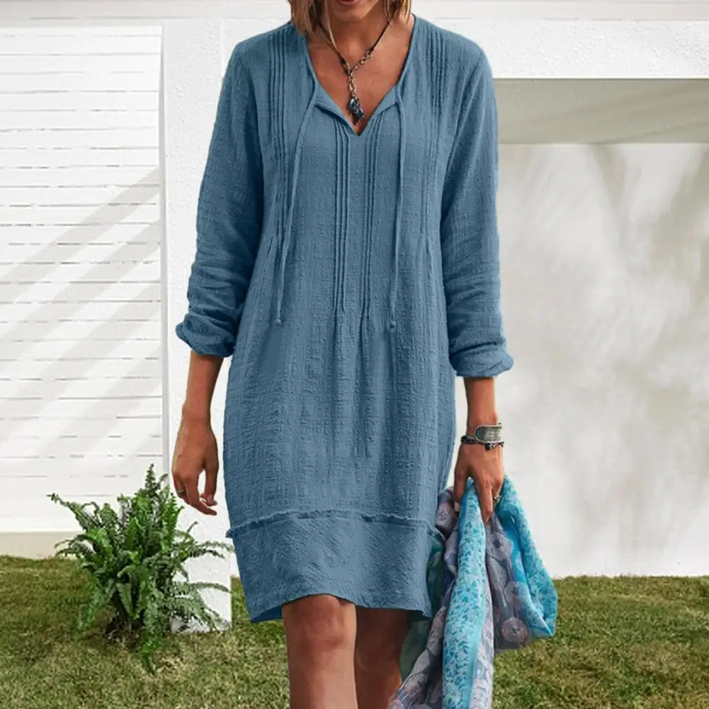 

Женское винтажное платье с длинным рукавом, свободное однотонное платье до колена с круглым вырезом, на лето