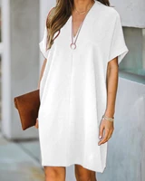 woman simple summer dresses casual office lady dresses sexy v neck mini dress solid vintage short sleeve elegant robe plus size