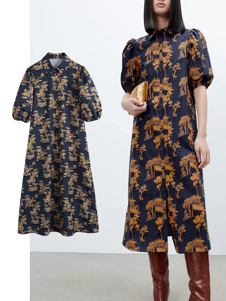 

Женское платье с отложным воротником, элегантное праздвечерние чное платье до середины икры с принтом и коротким рукавом, Повседневная Ули...