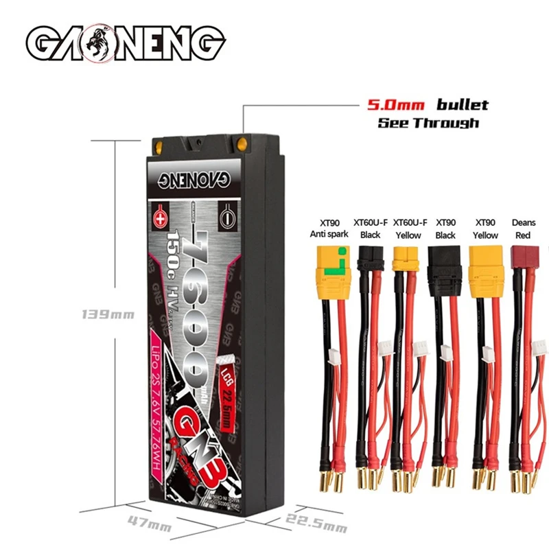 Оригинальный литий-полимерный аккумулятор GNB 2S 7,6 В 7600 мАч для полноприводного внедорожника, Жесткий Чехол для радиоуправляемого автомобиля LCG 1/10 мм с аккумулятором XT30/T 150C 22,5 в