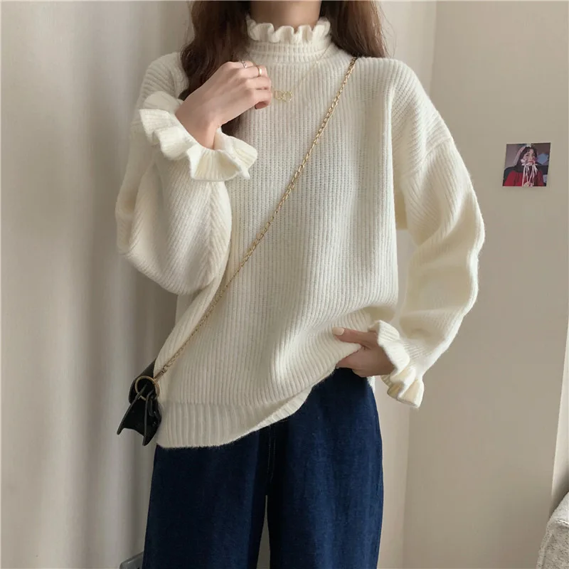 

French fungus edge half turtleneck bottoming shirt women autumn and winter new western style long-sleeved knitted pullover top