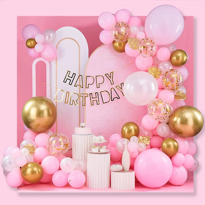 

104pc Confetti Pink White Gold Latex Balloon Garland Arch Kit 5th First Happy Birthday Party Decoration Girl Anniversaire Globos