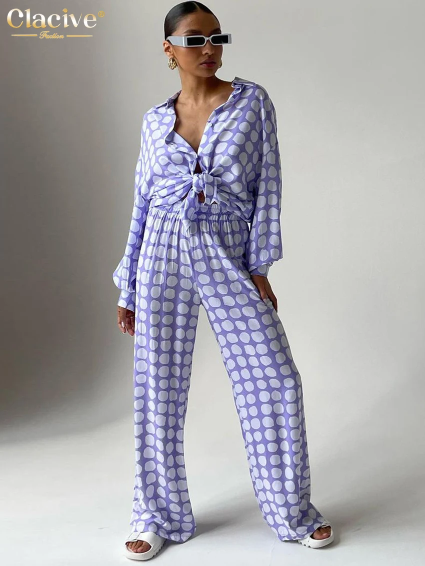 

Clacive Casual Loose Long Sleeve Blouse Pants Set Woman 2 Pieces Streetwear Autumn Print High Waist Full Length Trouser Suits