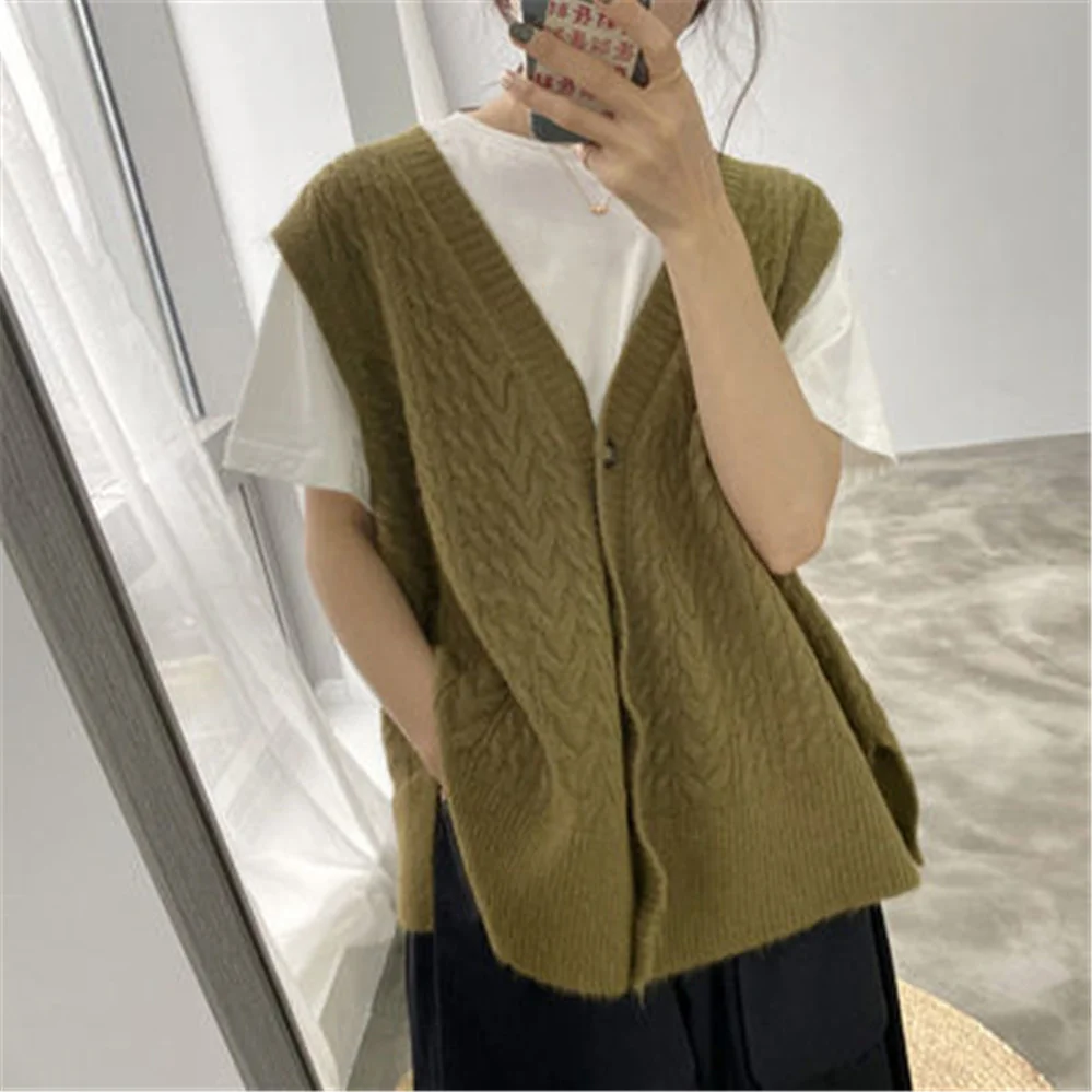 

2023 Spring Vest Waistcoats Women Knit Solid Loose Korean Style Side-slit New Fashion Students Womens Sleeveless All-match Z3668