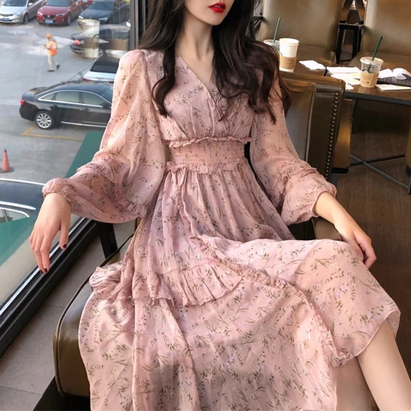 

Bella Philosophy Clothing Dresses Vestidos Print Korean Style Fashion New Long Sleeve Autumn Chiffon Pink Women