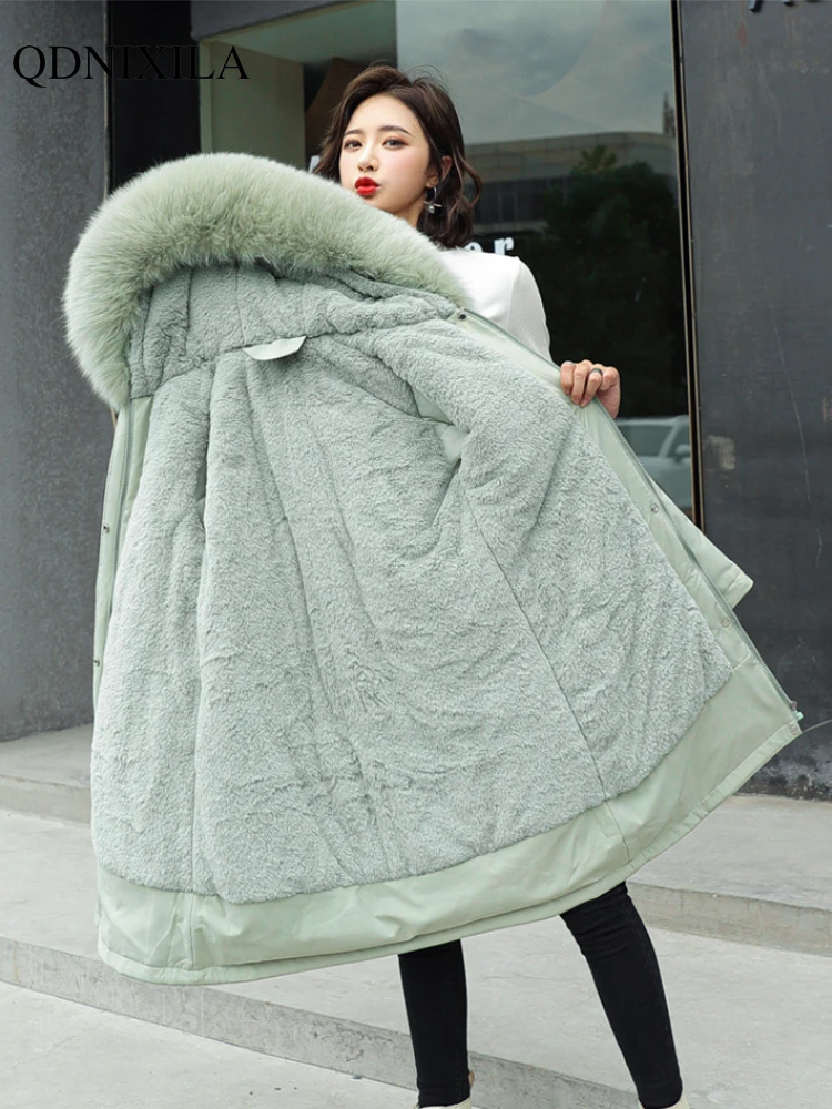 2023 Winter New Women's Parkas Plush Cotton Jacket Thick Coat with Hood Oversized Midi Long Wool Collar Warm Padded Hot Coats