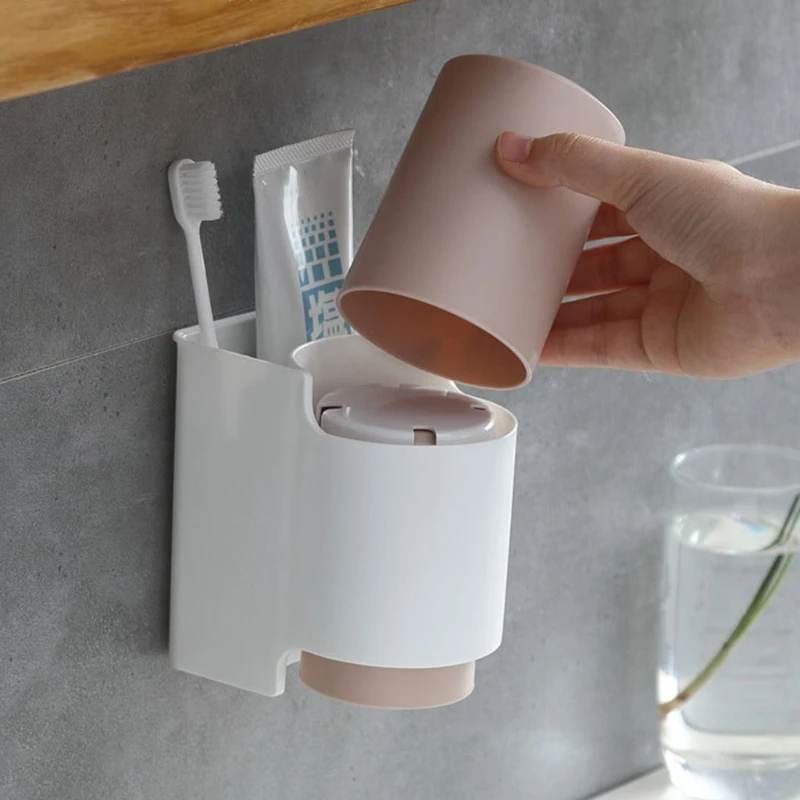 

Wall Mount Toothbrush Cover Cup Storage Rack Punch-free Toothbrush Holder Set
