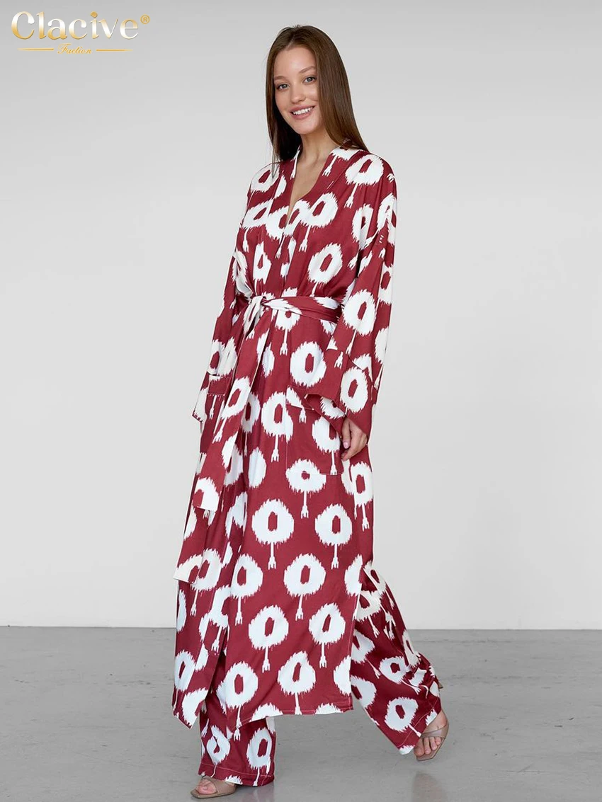 

Clacive Fashion Loose Print Two Piece Set Women Outfit 2023 Elegant Long Sleeve Lace-Up Robe With High Waist Pants Set Sleepwear