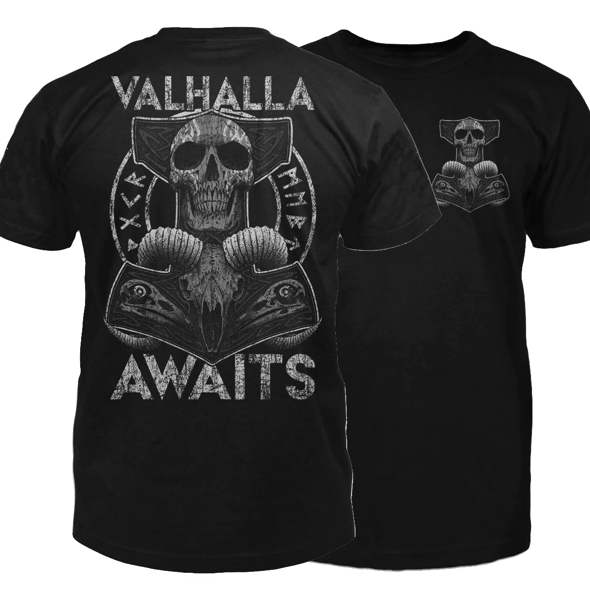 

Novelty Thor's Hammer and Rams Skull Valhalla Awaits T-Shirt 100% Cotton O-Neck Short Sleeve Casual Mens T-shirt Size S-3XL
