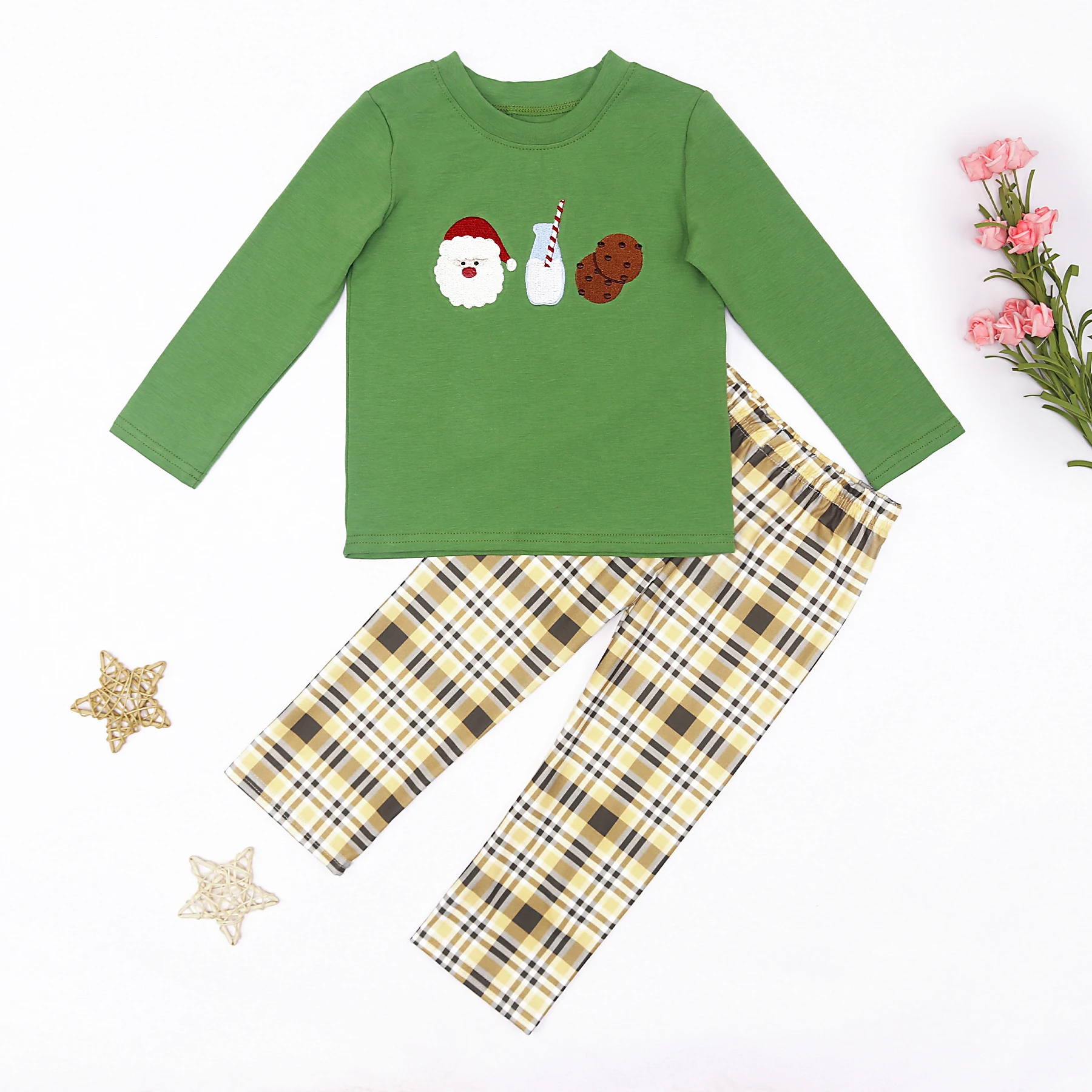 

Christmas Smocked Outfits Baby Clothes Set Cotton Clothes Suit Hand Embroidery Christmas 2pcs Long Sleeve Stripe Pants Children
