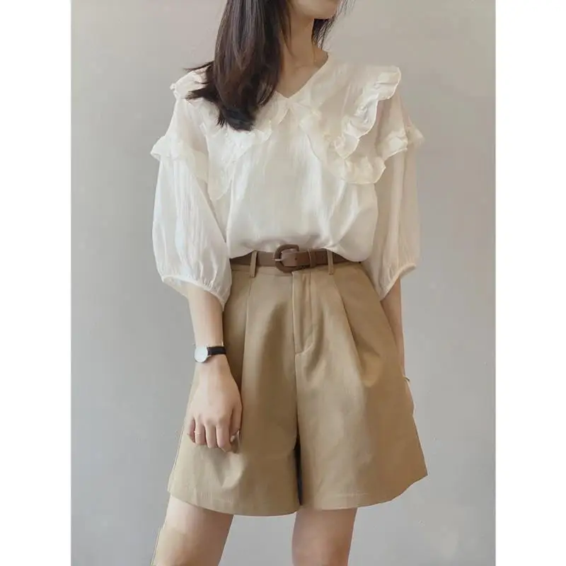 

New Spring Women's Matching Sets Suits Scalloped Edge Puff Sleeve Top+Short Pants With Belt Wide Leg Elegant Korea Stylish C4815