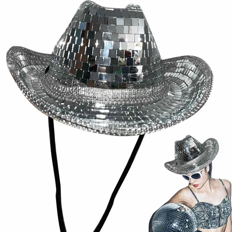 

Sequin Disco Ball Hat Glitter Disco Mirrored Cowboy Hat Bachelor Stunning Party Hats For Women Men Party Dance Stage Club Bar