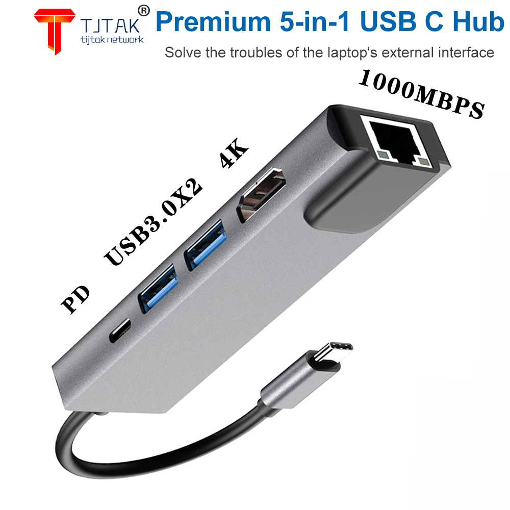 

USB C Hub for MacBook ProTypec 5 IN 1 Docking Station with 2 USB3.0 4K HDMI RJ45 USB C Thunderbolt 3 for MacBook Pro USB Adapter