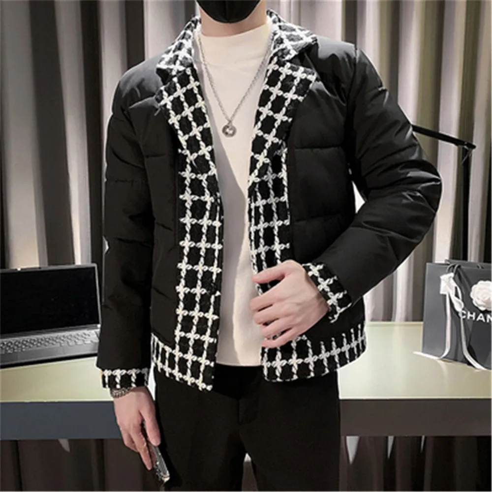 Heated Jacket Winter for Men Overcoat Patchwork Plaid Designer Long Sleeve Lapel Collar Casual Korean Style Parkas Man Clothing