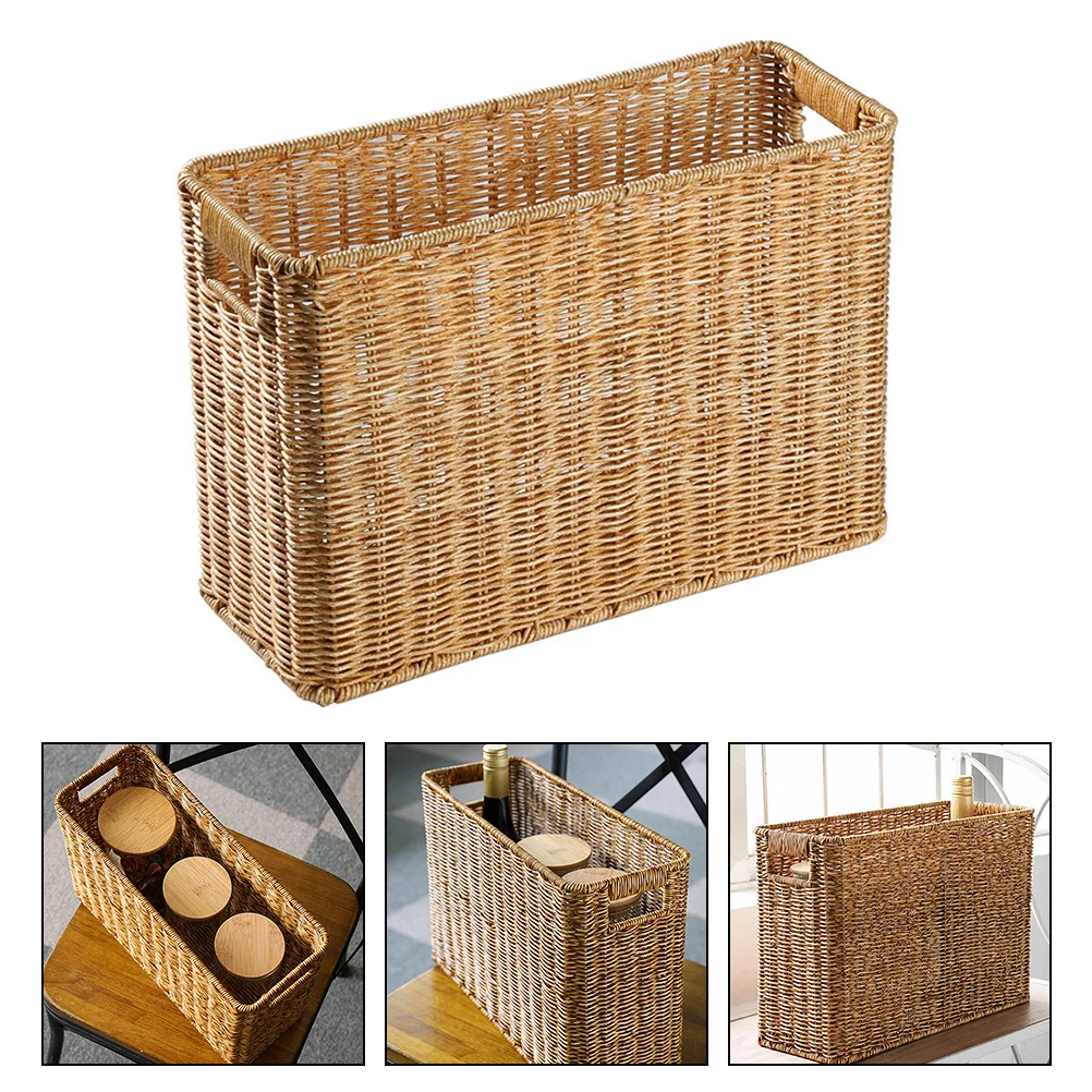 

Magazine Newspaper Basket Hand-woven Snack Handled Fruit Toiletries Holder Handwoven Imitated Rattan Large Plastic Ratan Wicker