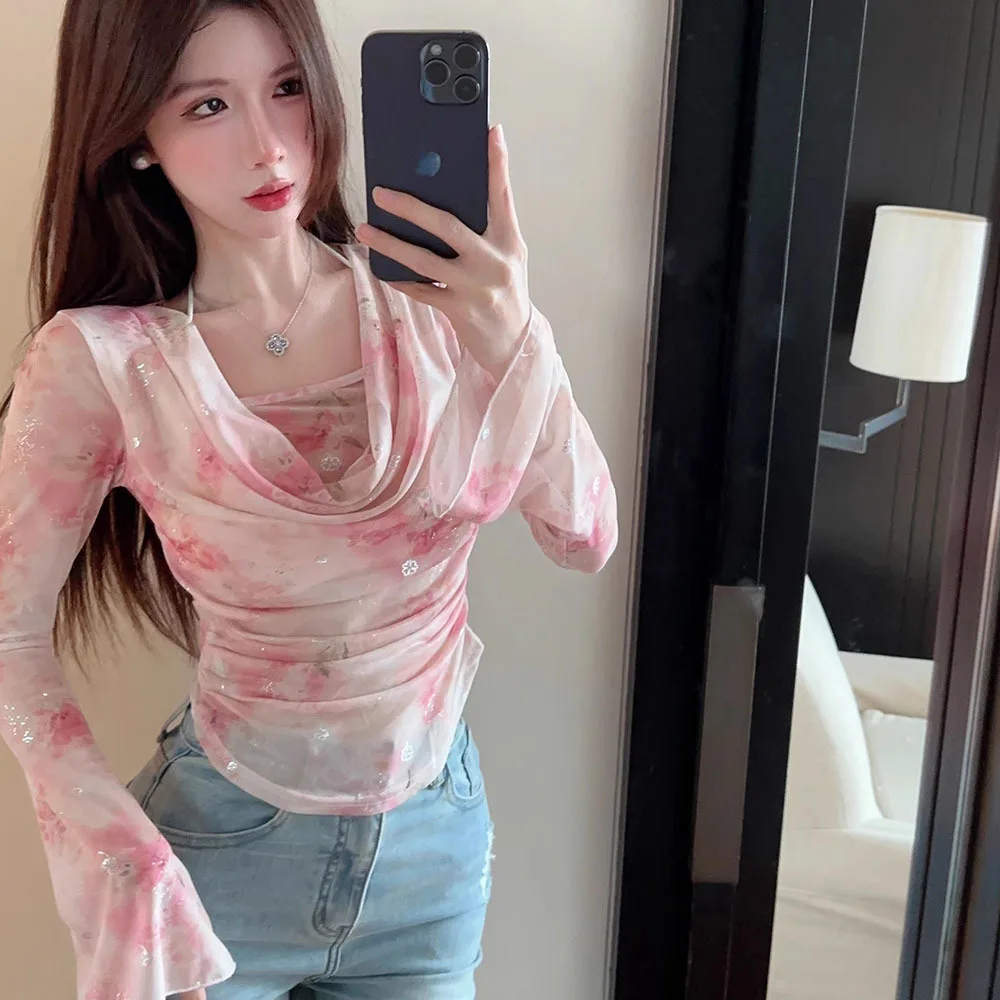 Женская милая Сетчатая футболка с принтом 2024 Привлекательная блузка для девушек