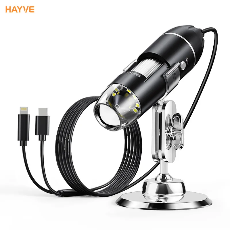 

Hayve USB-микроскоп 1600X Zoom 1920P HD Электронные цифровые микроскопы для пайки с 8 светодиодами, совместимые с iOS и Android