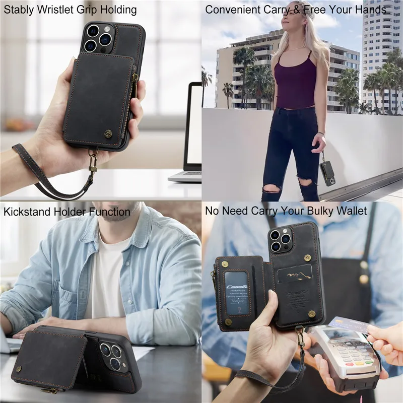 Leather Wallet Case for iPhone 14 13 12 11 Pro XS Max Mini SE 2020 8 7 Plus Zipper Purse Wallet Cover With Card Slot Phone Cases