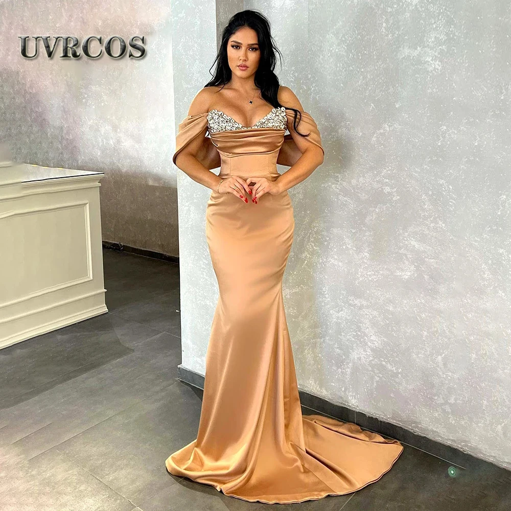 

UVRCOS пикантное вечернее платье цвета шампанского с юбкой-годе с открытыми плечами, камнями, выпускной, Рождественская вечеринка, одежда для ...