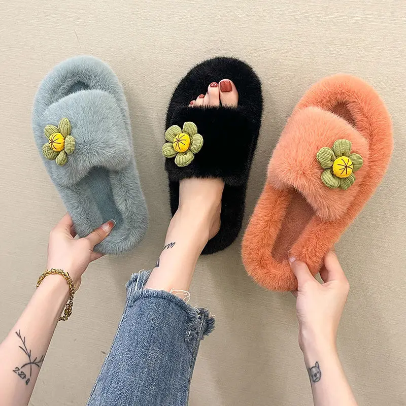 

Сланцы женские с искусственным мехом, теплые зимние шлепанцы, без застежки, на плоской подошве, Симпатичные Мультяшные цветы, черные, E464