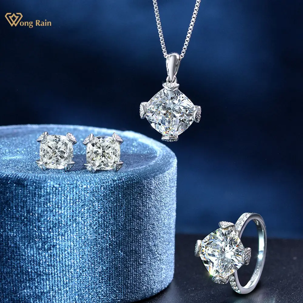 

Wong Rain 100% 925 Sterling Silver Created Moissanite Gemstone Earrings/Rings/Necklace Wedding Engagement Jewelry Sets Wholesale