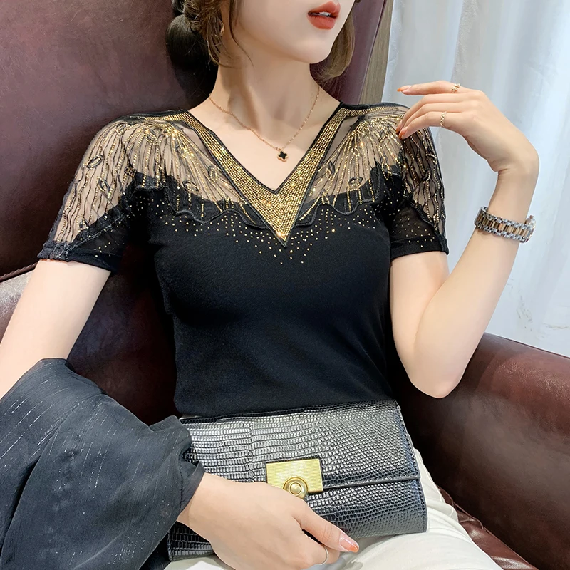 

Sexy V-neck T-Shirt Women 2022 Summer Short Sleeve Women's Shirt Diamonds Mesh Yarn Hollow Tee Shirts Fashion Clothing 15157