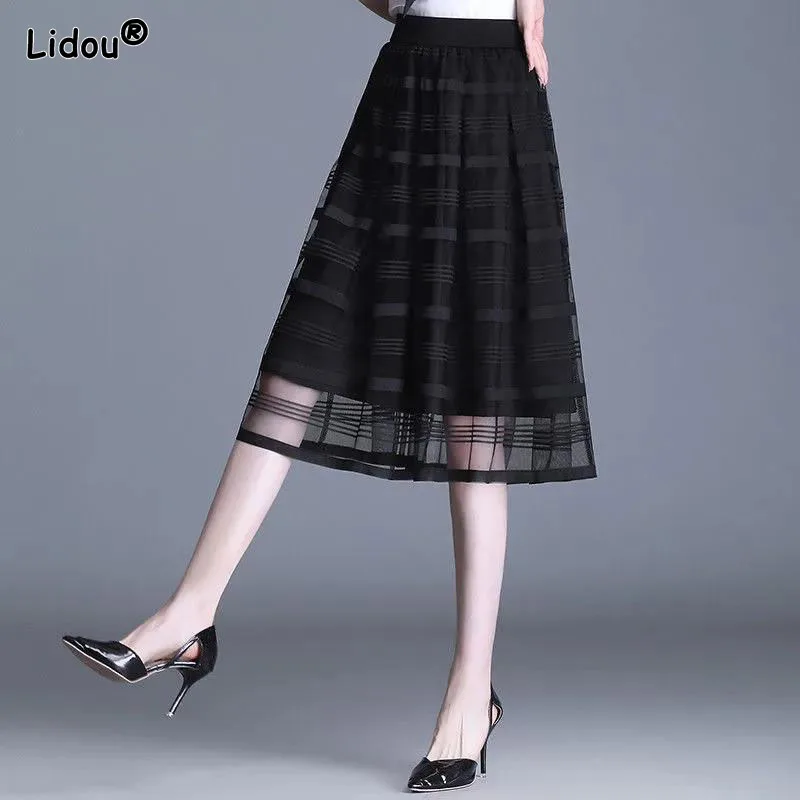 

2022 New Blended Gauze Age Reduction Women's Clothing Solid Striped Spring Summer Slim Empire Mid-calf A-line Skirt Office Lady