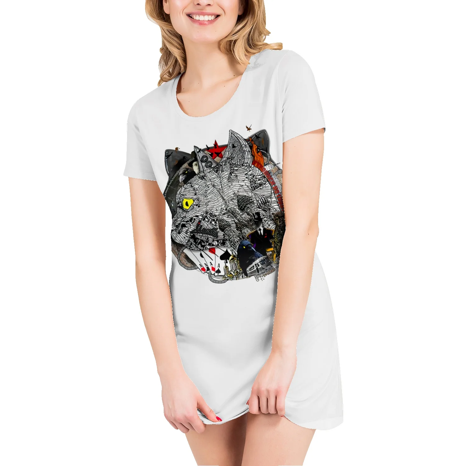

European Beauty Cat Pet Series Top T-Shirt Printing O Neck Short Sleeve Skirt 2022 Summer Cotton Casual Loose Straight Skirt