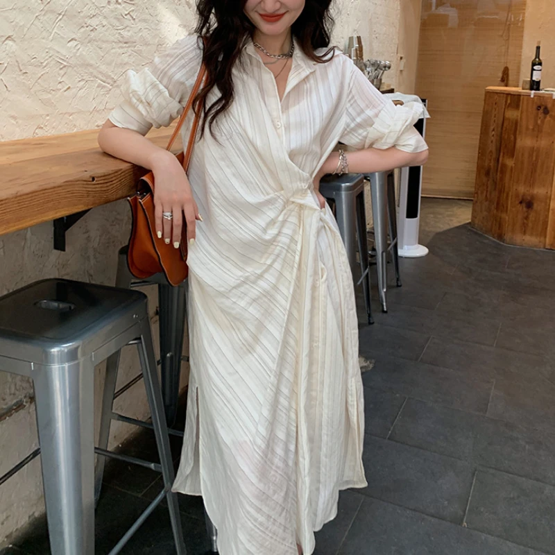 

French White Stripe Dress 2023 Spring New Fashion Design Medium Length Waist Shirt Dress for Womens Treetwear Summer Dress