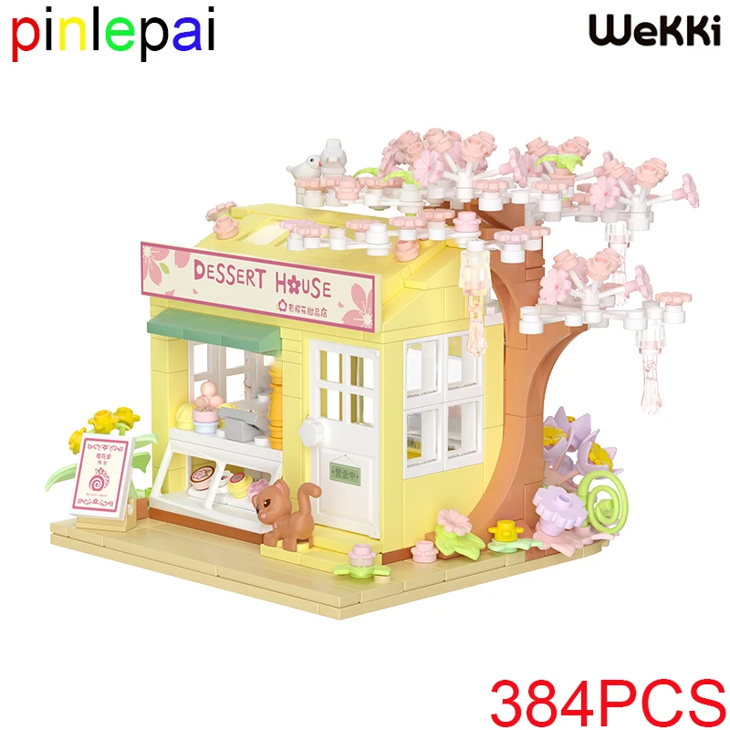 Pinlepai Wekki Flowers Sakura Brick House Blocks Block Build Kit City Street Shop Building Corner Streetview Игрушка Модульный