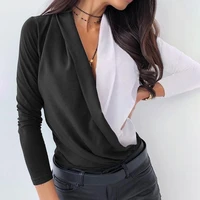 sexy loose t shirts 9 colors oversized office ladies basic tops streetwear all match casual women v neck patchwork long sleeve