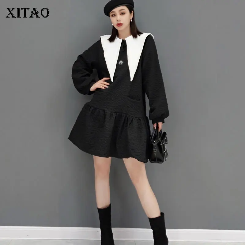 

XITAO Ruffle Dress Fashion Full Sleeve Goddess Fan Casual Style Small Fresh 2022 Spring Pleated Hem Loose Dress Top WLD6606