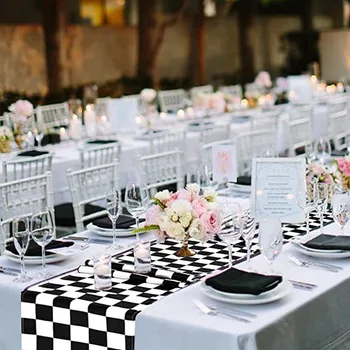 30cm*275cm Black White Checkered Table Runner Polyester Racing Theme Party Table Decor Soccer Goal Cup Wedding Table Runners 4