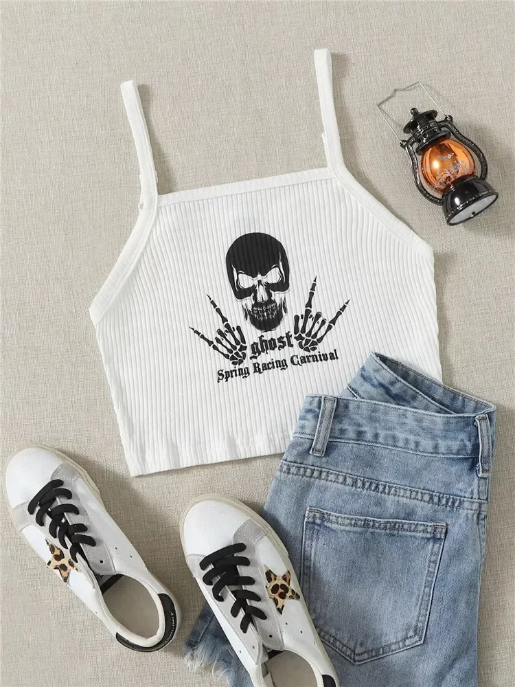 

Gothic Graphic Letter Skull Print Rib-knit Crop Top Women White Punk Street Style Apaghetti Strap Bodycon Cami Top Streetwear