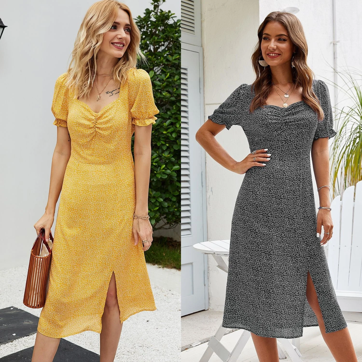 

New Casual Floral Print Dresses Women French Romance Retro Square Collar Dresses Female Ladies Ruffle Puff Sleeves Midi Dress