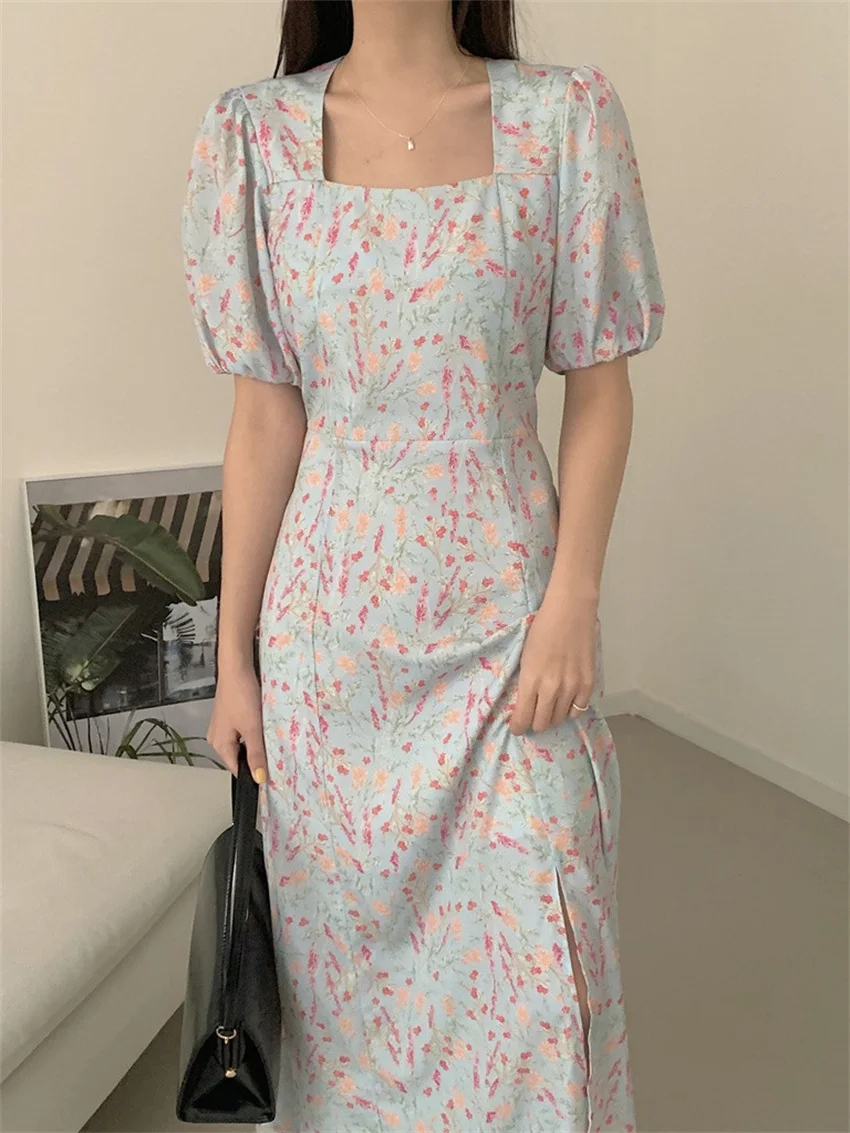 

HziriP S-M Square Collar Florals Sweet Women Dress 2022 Split Summer Printed Elegant Office Lady Work Wear New Slim Fashion