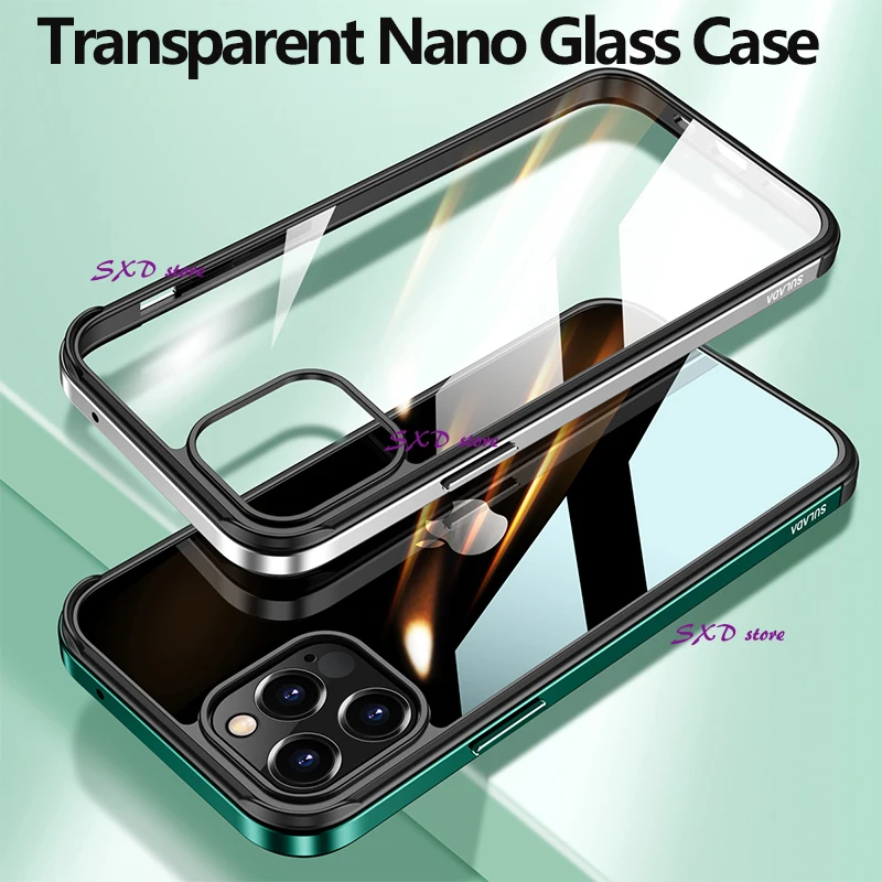 

Transparent Nano Glass Case iPhone 11 12 Pro Max Quality Metal Frame Luxury Phone 6 7 8 Plus Clear Cover iPhone X Xr Xs Max case