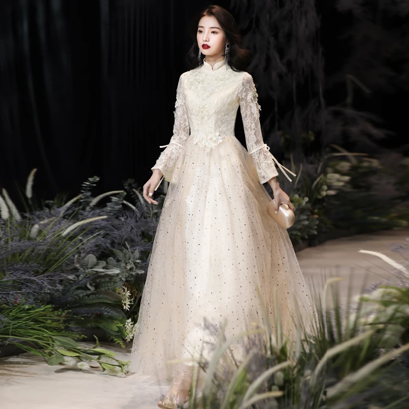 

Винтажные вечерние платья с высоким воротником и длинным рукавом для свадебной вечеринки Роскошные Аппликации трапециевидной формы в пол ...