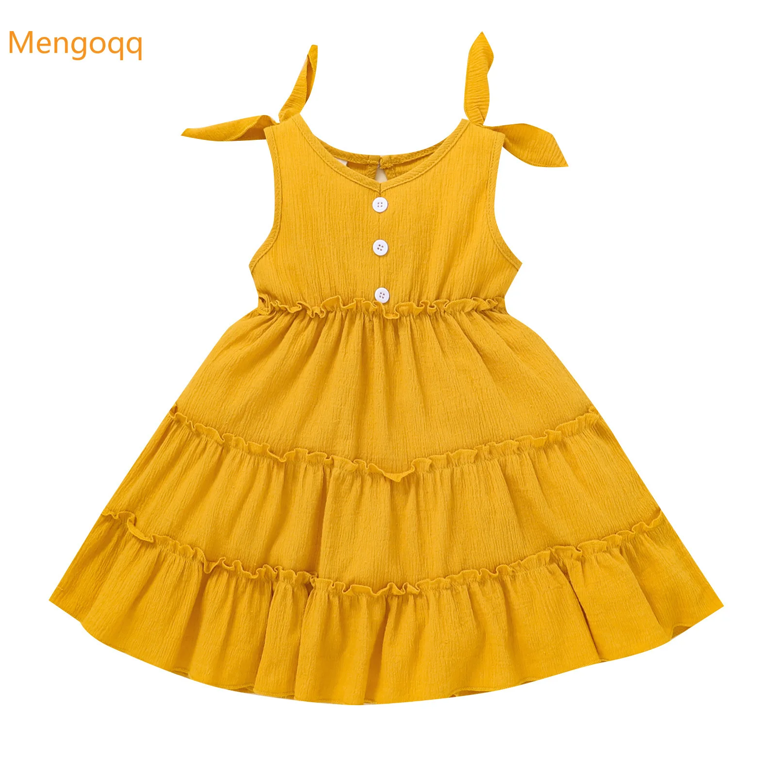 

Kids Baby Girls Summer Off Shoulder Solid Buttons Tiered Knee-length Dress Children Cake Clothing 18M-6Y