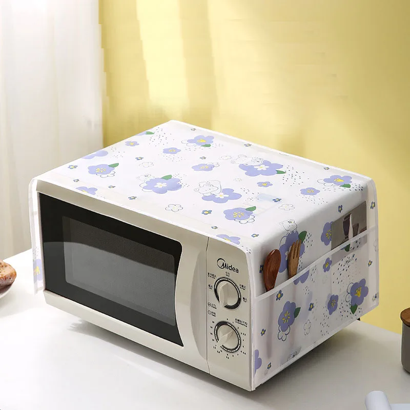 

Microwave Dust Cover with Cutlery Storage Bag Peva Waterproof Oil Proof Oven Protective Cover Kitchen Decoration Save Space