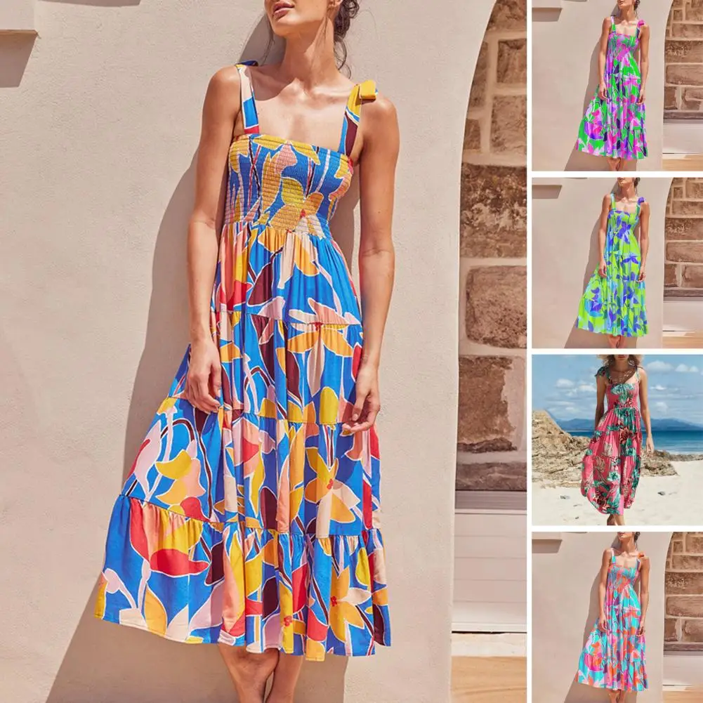 

Summer Dress Elastic Chest Wrap Backless Dress Adjustable Straps Ruffle Flowy Hem Sling Dress Floral Leaves Print Women Dress
