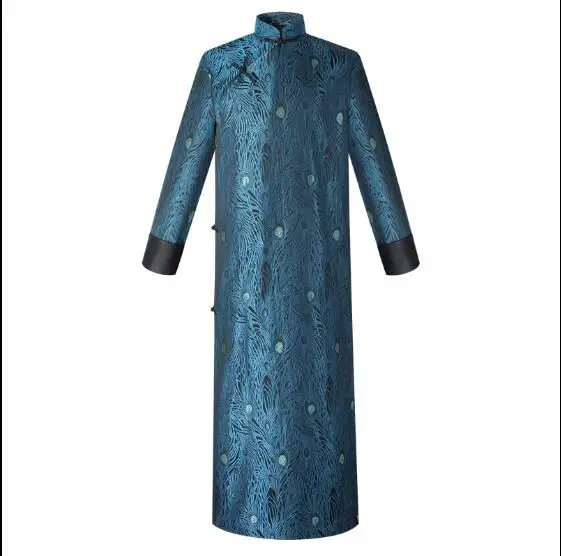 Men's Retro Republic of China Gown Chinese Style Hanfu Vintage Long Robe Blue Stage
