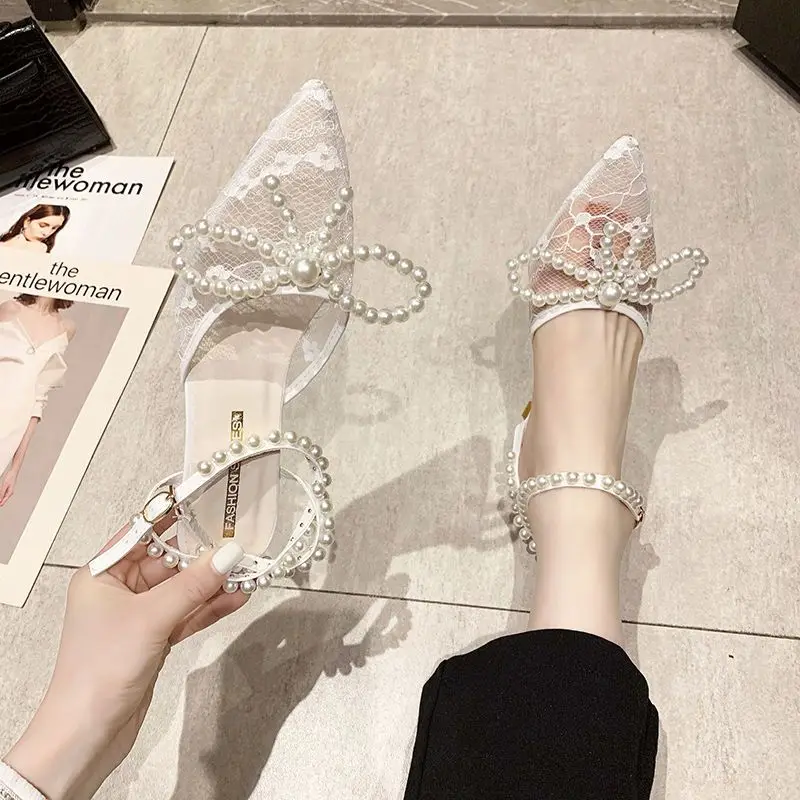 

Женские босоножки, Новинка лета 2023, Женская сетчатая обувь, модная универсальная дышащая обувь с ремешком и пряжкой, бантом и жемчугом