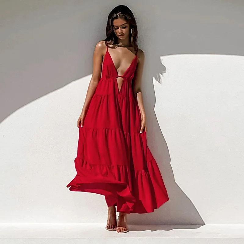 

New Red Bohemia Evening Dress Women Elegant Sexy Spaghetti Strap Backless Dress Fashion 2022 Summer Party Club Outfit Wholesale