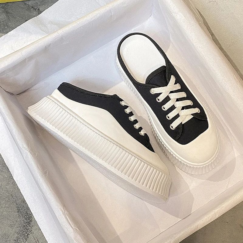 

Med Female Shoes Loafers House Slippers Platform Cover Toe Slides 2022 Summer Flat Cotton Fabric Rubber PU Canvas Slippers Women