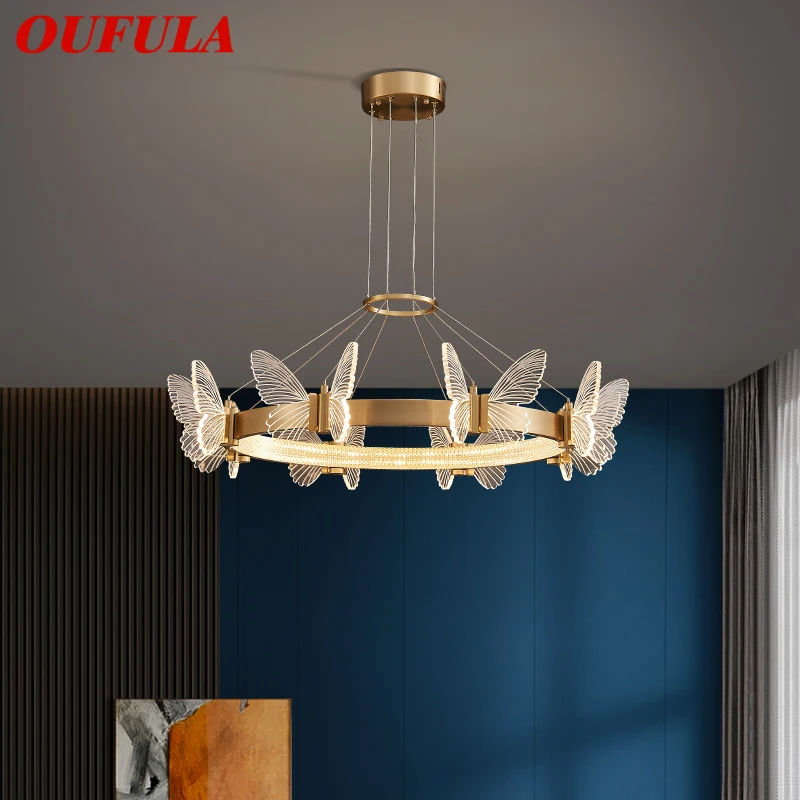 

OUFULA Copper Butterfly Chandelier Luxury LED 3 Colors Hanging Light Specially Creative Decorative For Living Dining Room