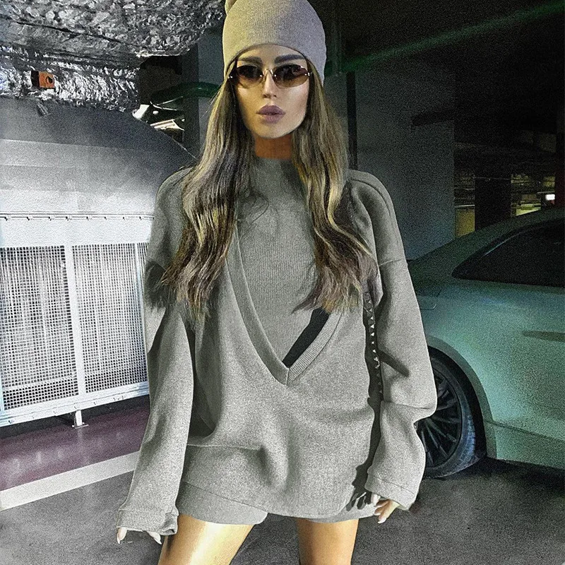 Autumn New Casual Fashion Sexy Vest + V-neck Long-Sleeved Loose Pullover Two-Piece Women's Clothing